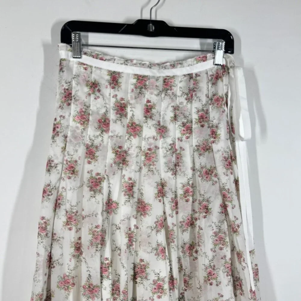 Frime White Floral Pleated Midi Skirt Size L Romantic Cottagecore Flowy Vintage - Picture 3 of 13